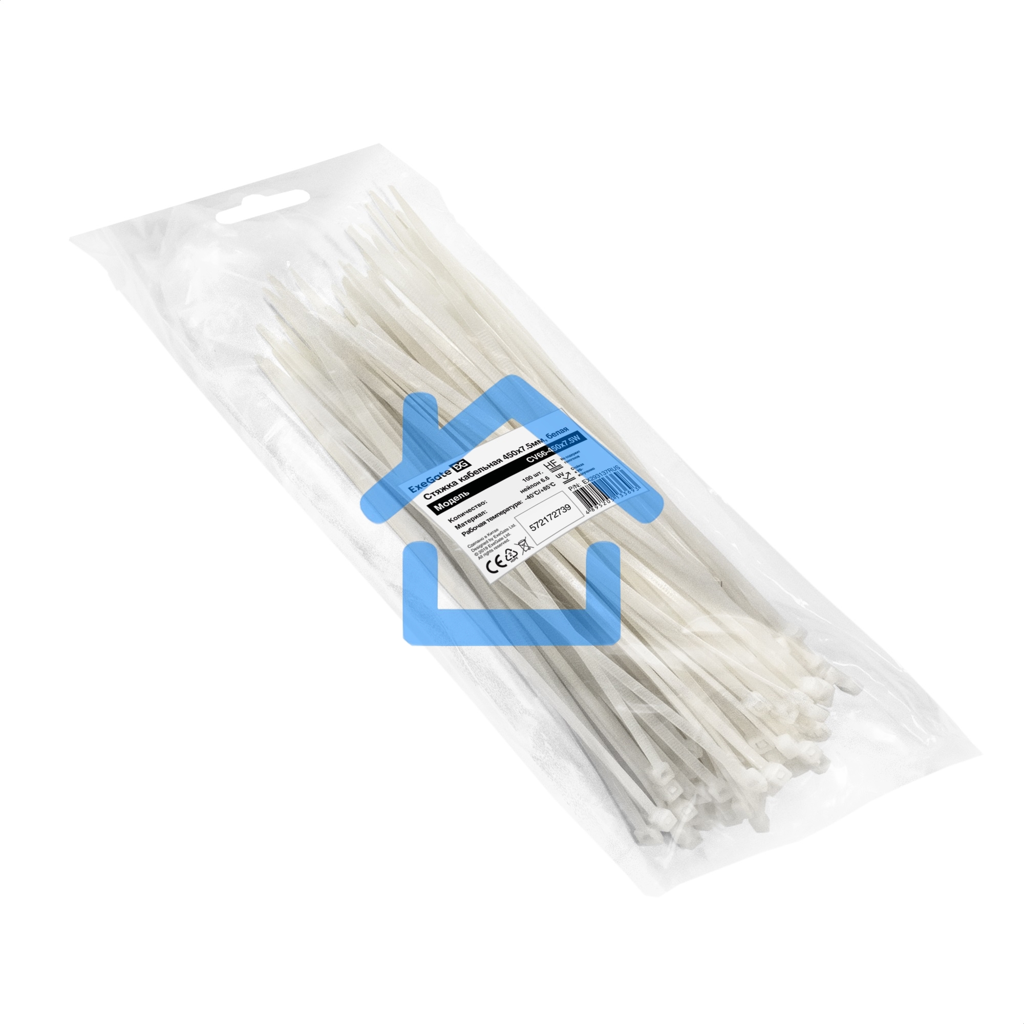Стяжка (хомут) нейлоновая ExeGate EX293137RUS CV66-450x7.5W (нейлон 6.6, 450x7.5мм, неоткрывающаяся, halogen free, -40°C - +85°C, белая, 100 шт)