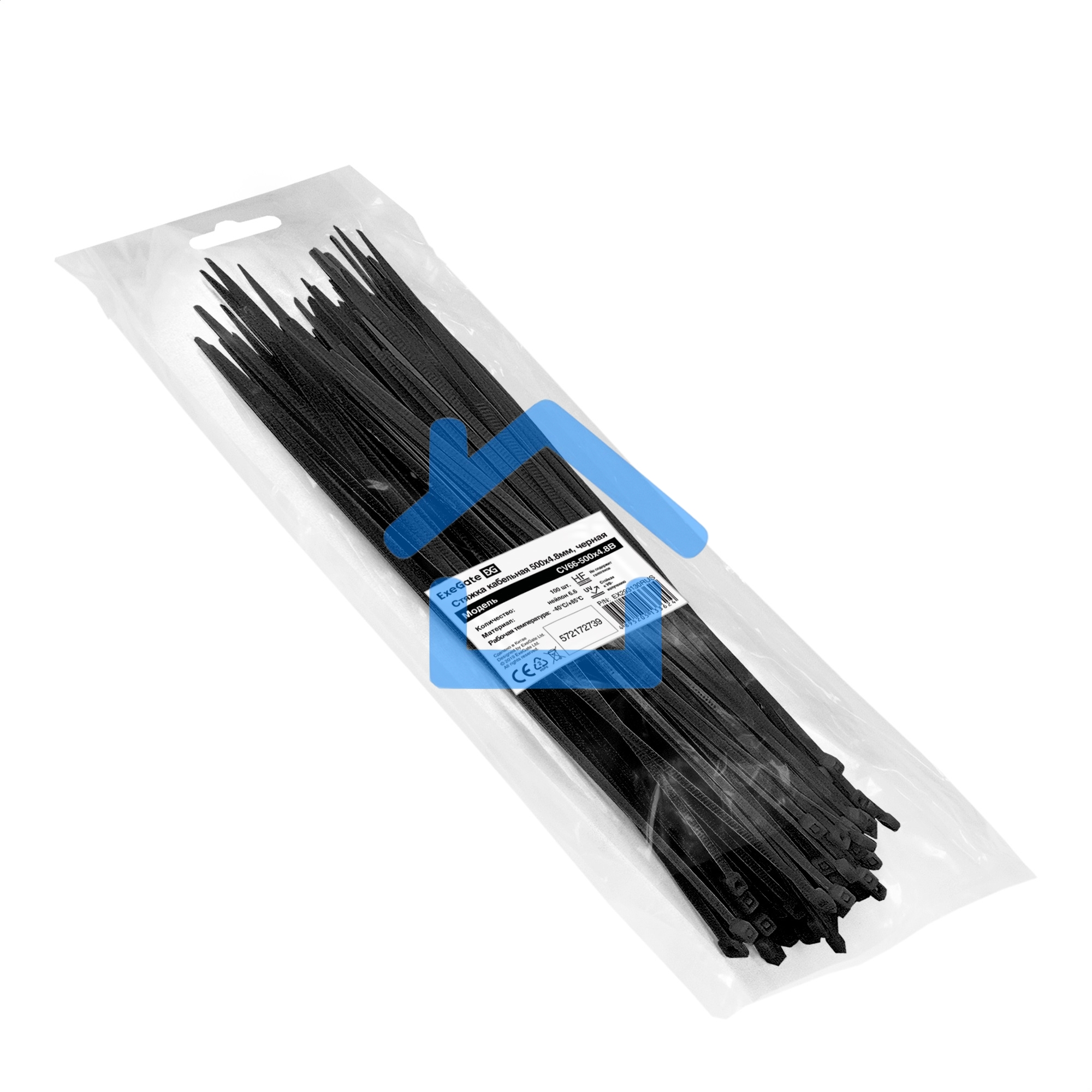 Стяжка (хомут) нейлоновая ExeGate CV66-500x4.8B EX293130RUS (нейлон 6.6, 500x4.8мм, неоткрывающаяся, halogen free, -40°C - +85°C, черная, 100 шт)