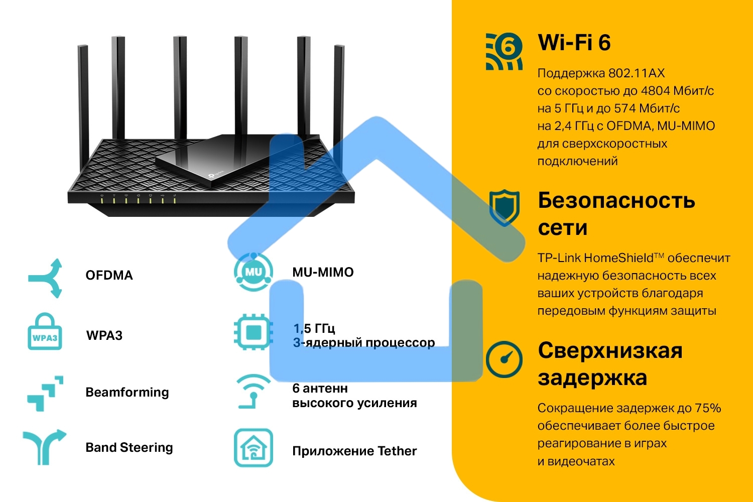 Роутер TP-Link Archer AX73 AX5400 Dual Band Wireless Gigabit Router, 1.5 GHz Tri-Core CPU, 1 GE WAN + 4 GE LAN ports, 1× USB 3.0 Port, support 1024-QAM, OFDMA, MU-MIMO, Airtime Fairness, Beamforming, 160MHz Channel Width, come with HomeShieldTM, support R