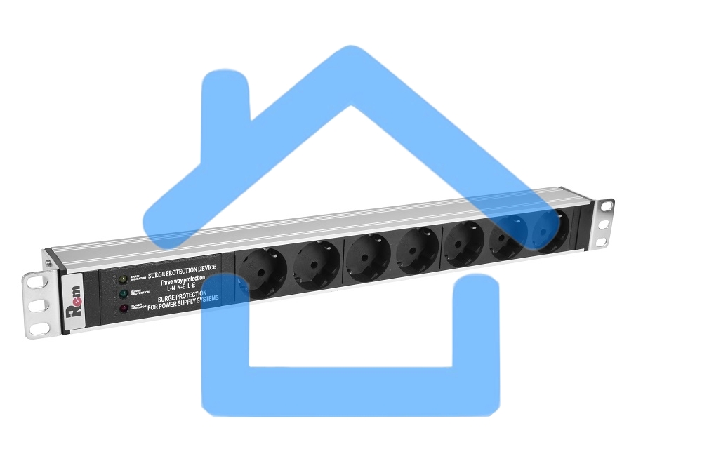 Блок розеток Rem-10 без шнура с фил. и инд., 7 Schuko, вход IEC 60320 C14, 10A, алюм., 19