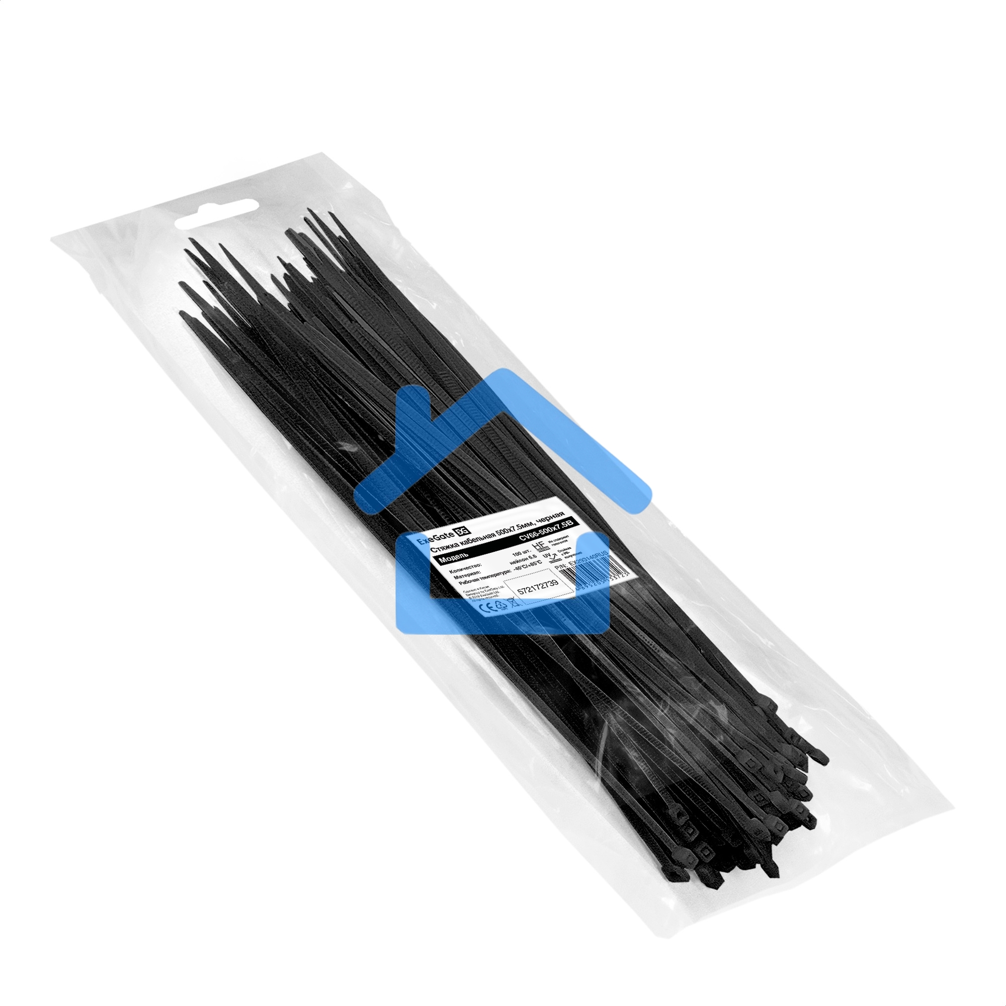 Стяжка (хомут) нейлоновая ExeGate EX293140RUS CV66-500x7.5B (нейлон 6.6, 500x7.5мм, неоткрывающаяся, halogen free, -40°C - +85°C, черная, 100 шт)