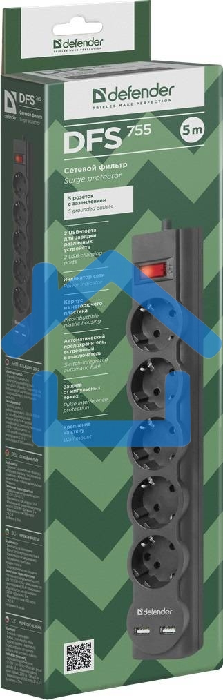 Сетевой фильтр Defender 5M DFS 755 5OUTL.