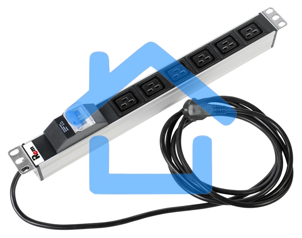 Блок силовых розеток Rem Rem-16, IEC 60320 С19 х 6, вход Schuko, шнур 3 м, 45х484х45 мм (ВхШхГ), 16А, автомат