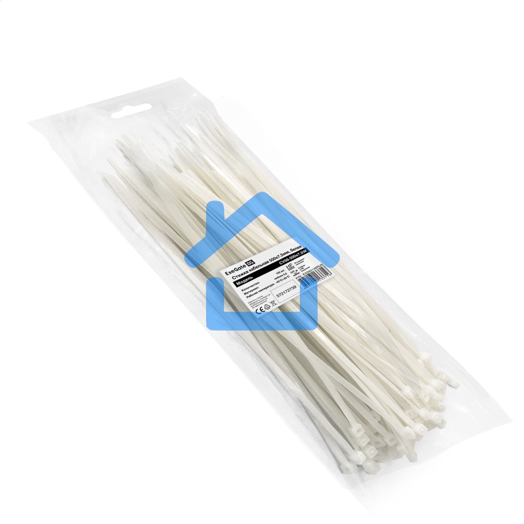 Стяжка (хомут) нейлоновая ExeGate EX293139RUS CV66-500x7.5W (нейлон 6.6, 500x7.5мм, неоткрывающаяся, halogen free, -40°C - +85°C, белая, 100 шт)