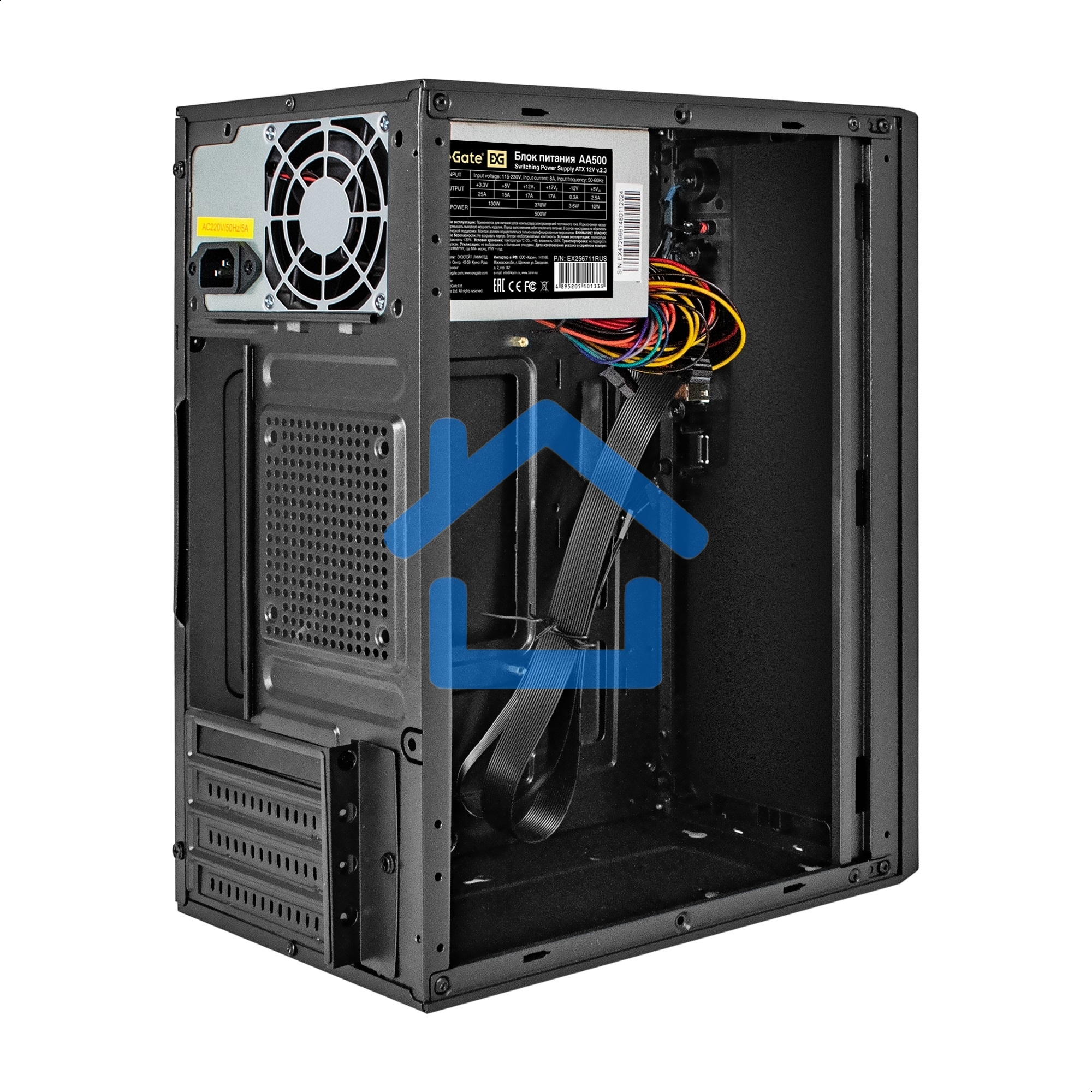 Компьютерный корпус Minitower ExeGate BAA-308UC-AA500 (mATX, БП AA500 с вент. 8см, 1*USB/1*USB 3.0/1*TypeC, HD Audio, черный)