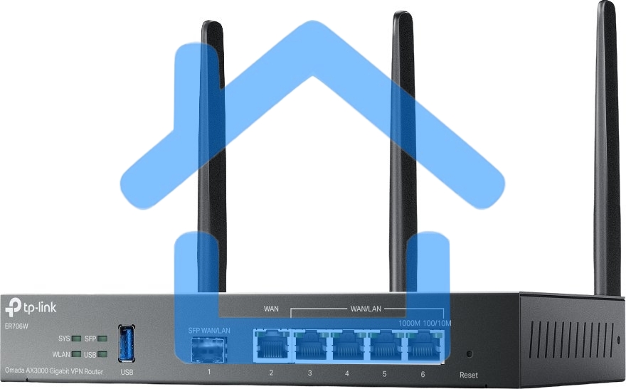 VPN-маршрутизатор TP-Link ER706W Omada с гигабитными портами и поддержкой Wi-Fi AX3000, 1 гиг. SFP WAN/LAN, 1 гиг. RJ45 WAN, 4 гиг. RJ45 WAN/LAN, USB 3.0, до 574 М/с на 2,4 ГГц + до 2402 М/с