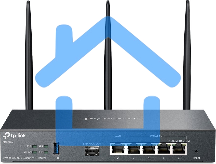 VPN-маршрутизатор TP-Link ER706W Omada с гигабитными портами и поддержкой Wi-Fi AX3000, 1 гиг. SFP WAN/LAN, 1 гиг. RJ45 WAN, 4 гиг. RJ45 WAN/LAN, USB 3.0, до 574 М/с на 2,4 ГГц + до 2402 М/с