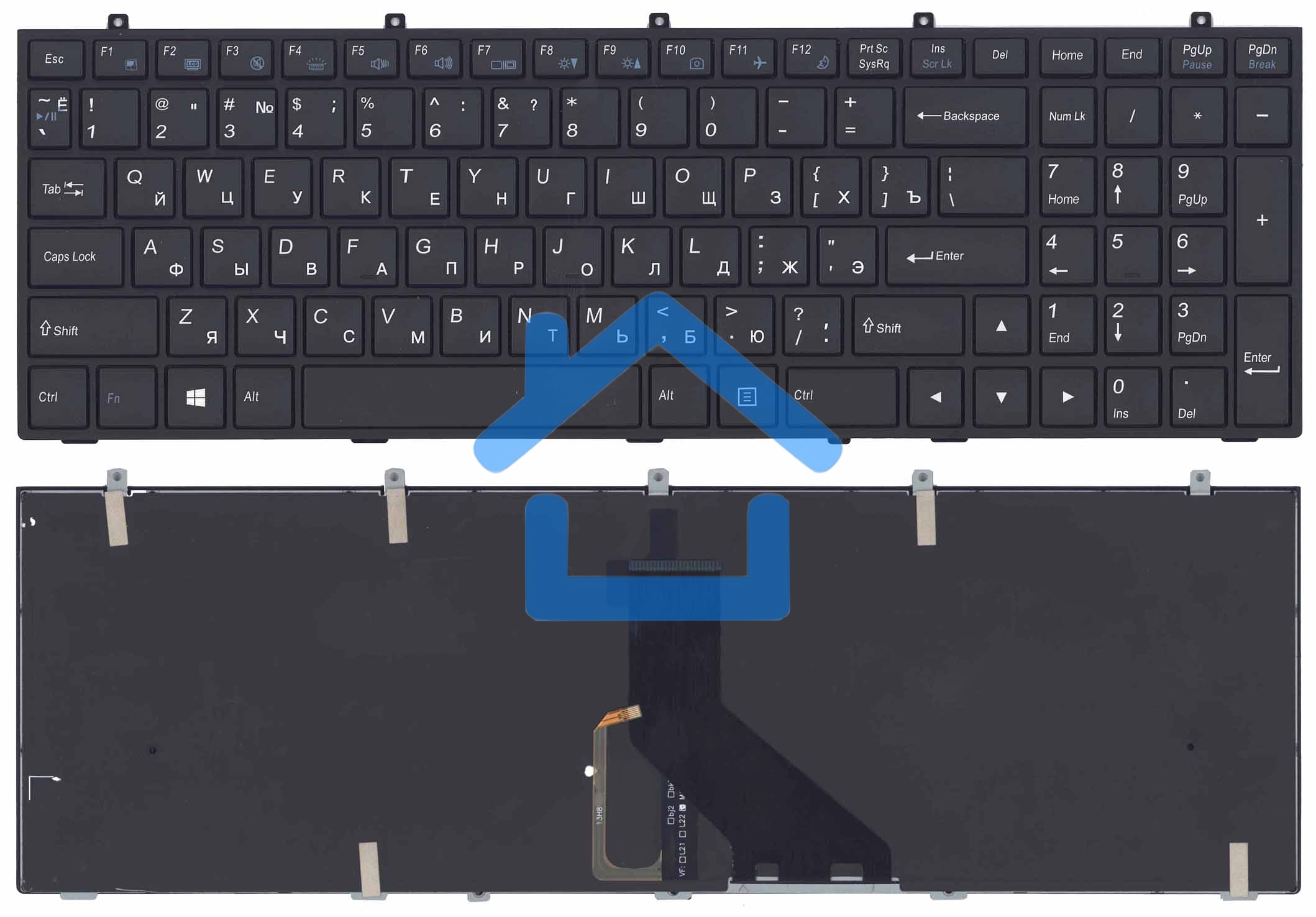 Клавиатура для ноутбука DNS Clevo W350 w370 черная c рамкой (плоский ENTER) подсветка