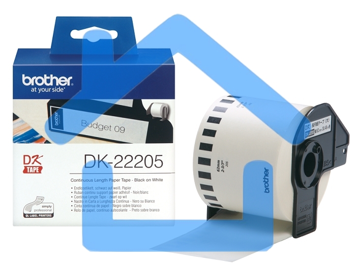 Бумажная клеящаяся лента Brother DK22205 62 мм x 30.48 м, черный шрифт, белый фон