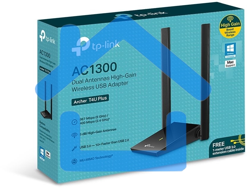 Адаптер TP-Link AC1300Mbps Dual-band High-Gain wireless USB adapter, 867Mbps at 5G and 400Mbps at 2.4G, two high gain antennas, USB 3.0, USB extension cable, support wave 2 MU-MIMO, full compatible with Windows and macOS.