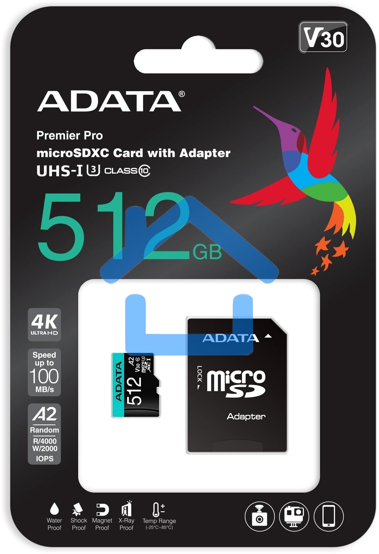 Карта памяти MICRO SDXC 512Gb W/AD. AUSDX512GUI3V30SA2-RA1 ADATA