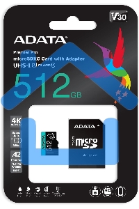 Карта памяти MICRO SDXC 512Gb W/AD. AUSDX512GUI3V30SA2-RA1 ADATA