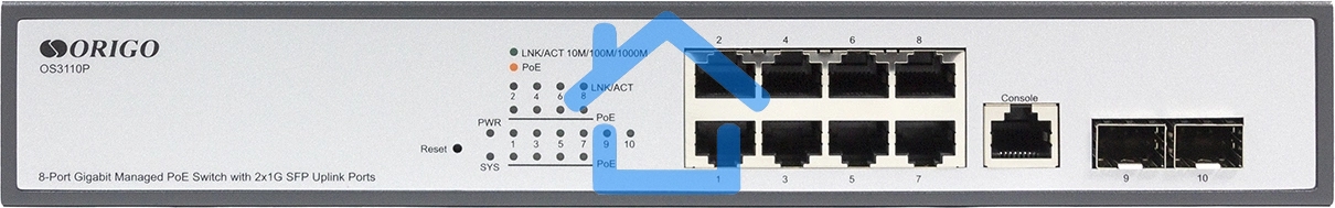 Коммутатор Managed L2 Switch 8x1000Base-T PoE, 2x1000Base-X SFP, PoE Budget 135W, RJ45 Console, 19