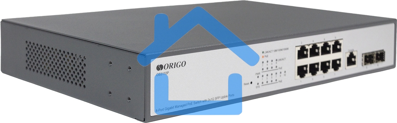 Коммутатор Managed L2 Switch 8x1000Base-T PoE, 2x1000Base-X SFP, PoE Budget 135W, RJ45 Console, 19