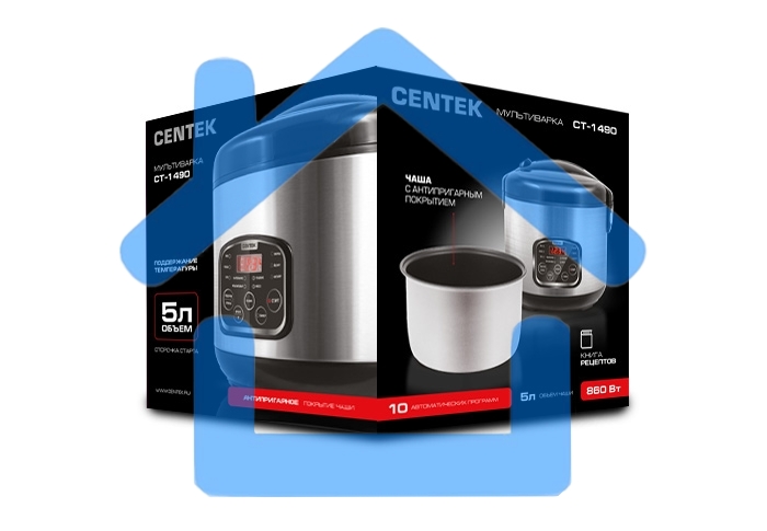 Мультиварка Centek CT-1490 (сталь)скороварка,1000Вт; 5.0л, 8 программ, ненагр крышка, а/п покр(4)