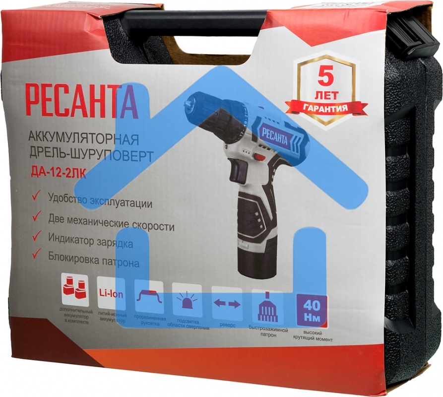 Дрель-шуруповерт Ресанта ДА-12-2ЛК 75/14/2, Аккумуляторная, 12В, 2 АКБ, Кейс