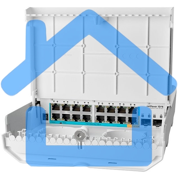 Коммутатор MikroTik netPower 15FR with 800MHz CPU, 256MB RAM, 16 x 10/100Mbps Ethernet ports (15 with Reverse POE-in, 1 with PoE-OUT), 2 x SFP, RouterOS L5 or SwitchOS (dual boot), outdoor enclosure, mounting ki