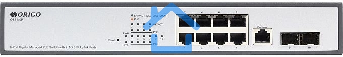Коммутатор Managed L2 Switch 8x1000Base-T PoE, 2x1000Base-X SFP, PoE Budget 135W, RJ45 Console, 19