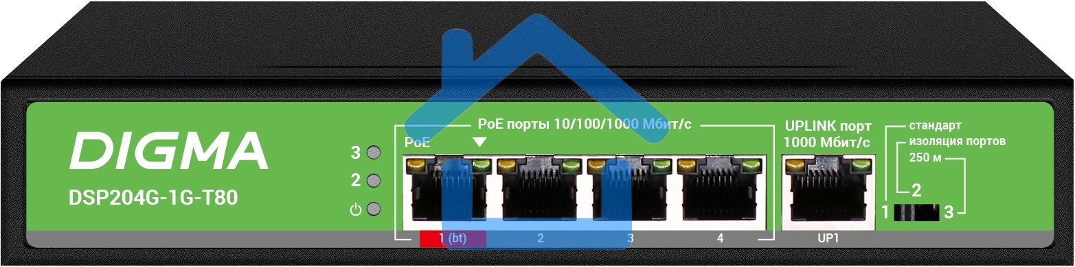 Коммутатор Digma DSP204G-1G-T80 (L2) 5x1Гбит/с 4PoE 4PoE+ 1PoE++ 80W неуправляемый