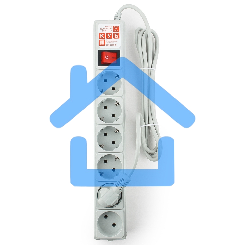 Фильтр-удлинитель Power Cube 1,9 м 6 розеток (серый) 10А/2,2кВт