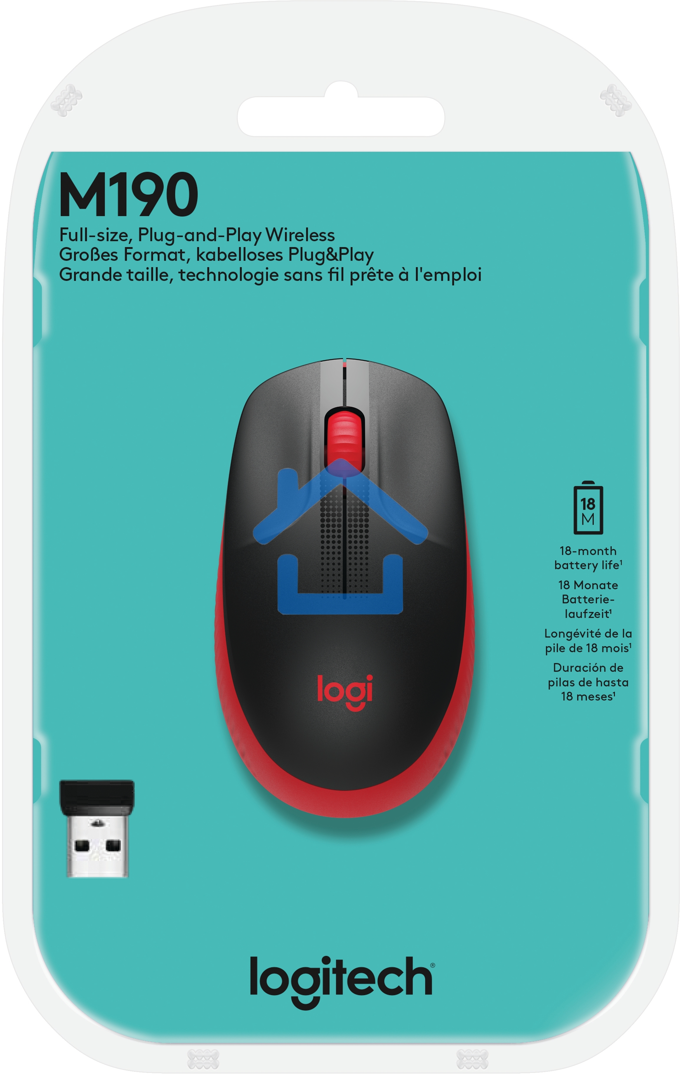Мышь беспроводная Logitech M190 черный/красный, 1000 dpi, радиоканал, USB, кнопки - 3