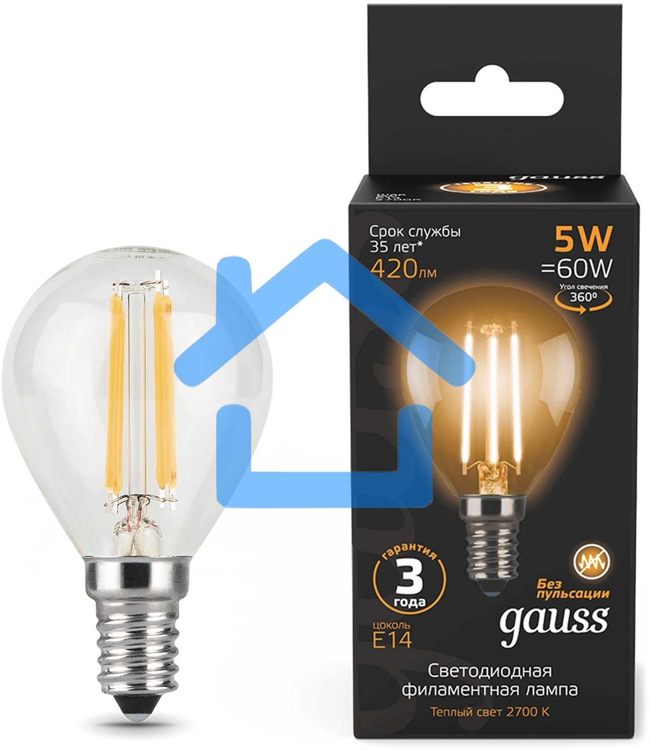 Лампа филам. Gauss Filament 5Вт цок.:E14 свеча 220B св.свеч.бел.теп. (упак.:10шт) (105801105)