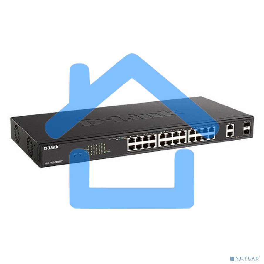 Настраиваемый L2 коммутатор D-Link DGS-1100-26MPV2/A3A с 24 портами 10/100/1000Base-T и 2 комбо-портами 1000Base-T/SFP (24 порта PoE 802.3af/at, PoE-бюджет 370 Вт)