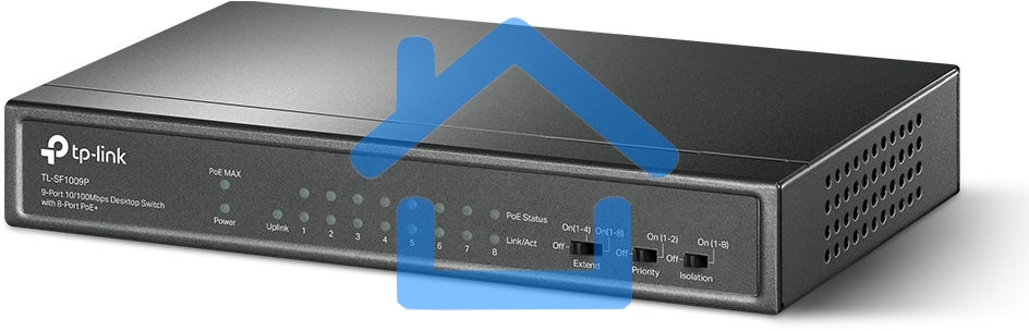 Коммутатор 9-port 10/100Mbps unmanaged switch with 8 PoE+ ports, compliant with 802.3af/at PoE, 65W PoE budget, support 250m Extend Mode, Priority mode and Isolation mode, desktop mount, plug and play.