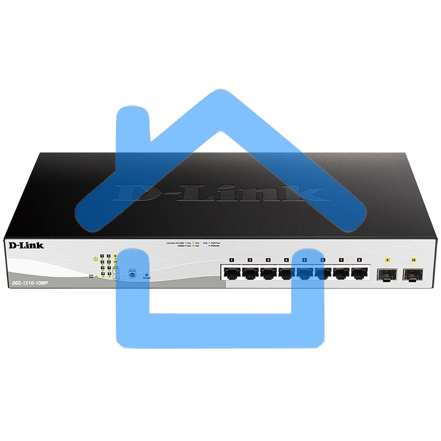 Коммутатор D-Link DGS-1210-10MP/F1A Настраиваемый коммутатор WebSmart с 8 портами 10/100/1000Base-T и 2 портами 1000Base-X SFP (8 портов с поддержкой PoE 802.3af/802.3at (30 Вт), PoE-бюджет 130 Вт)