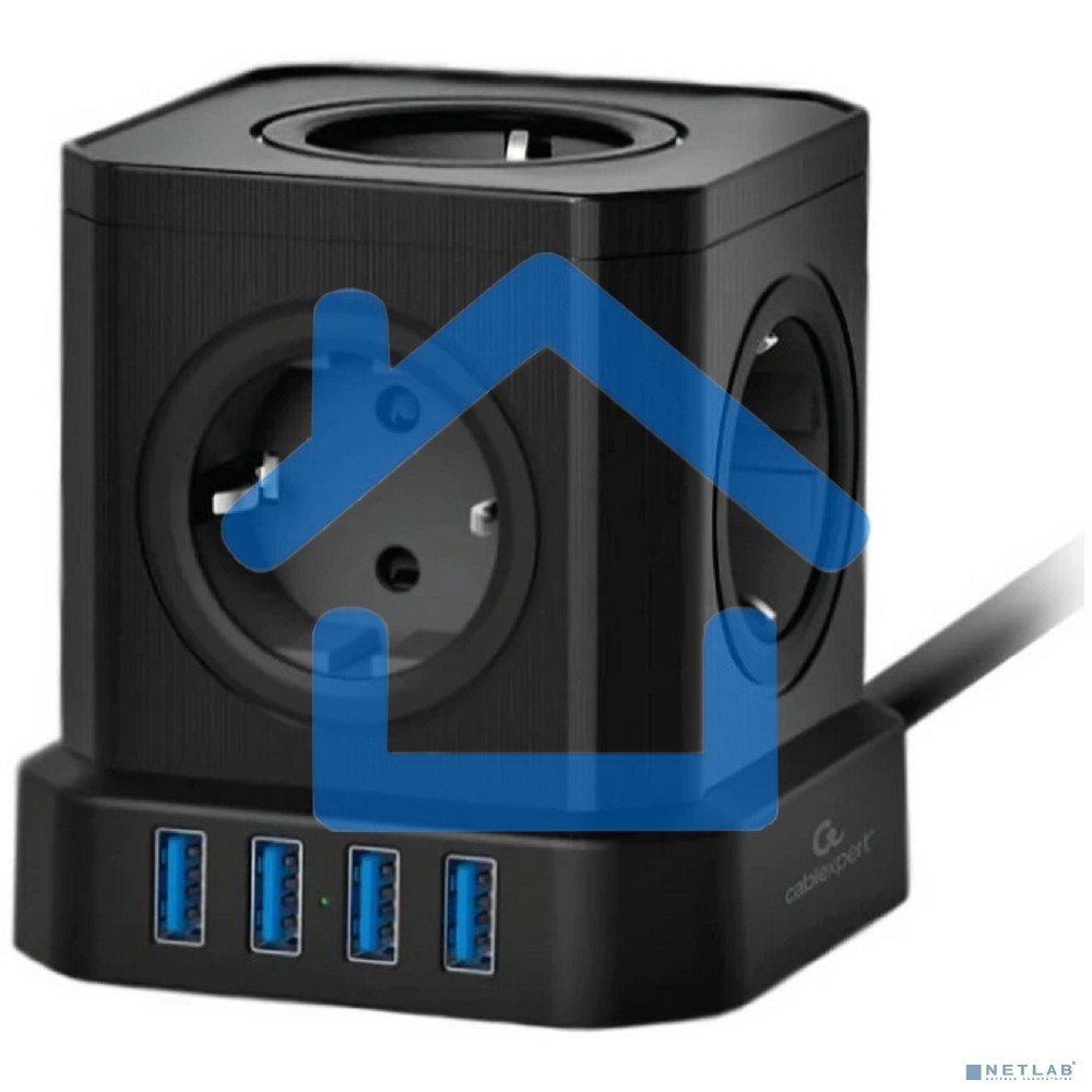 Сетевой фильтр Cablexpert Tower, TWR-5-U4-B-3, 5р, 10А, 4хUSB, 3.1А, 3м, ур.защиты 4+, черный, коробка