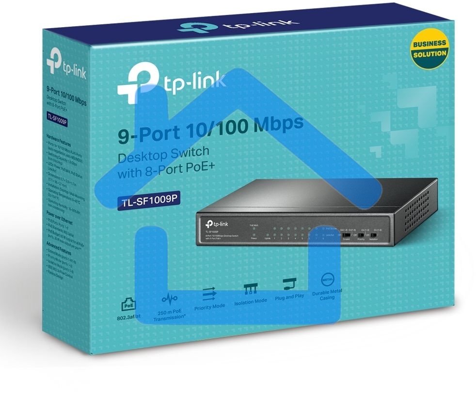 Коммутатор 9-port 10/100Mbps unmanaged switch with 8 PoE+ ports, compliant with 802.3af/at PoE, 65W PoE budget, support 250m Extend Mode, Priority mode and Isolation mode, desktop mount, plug and play.