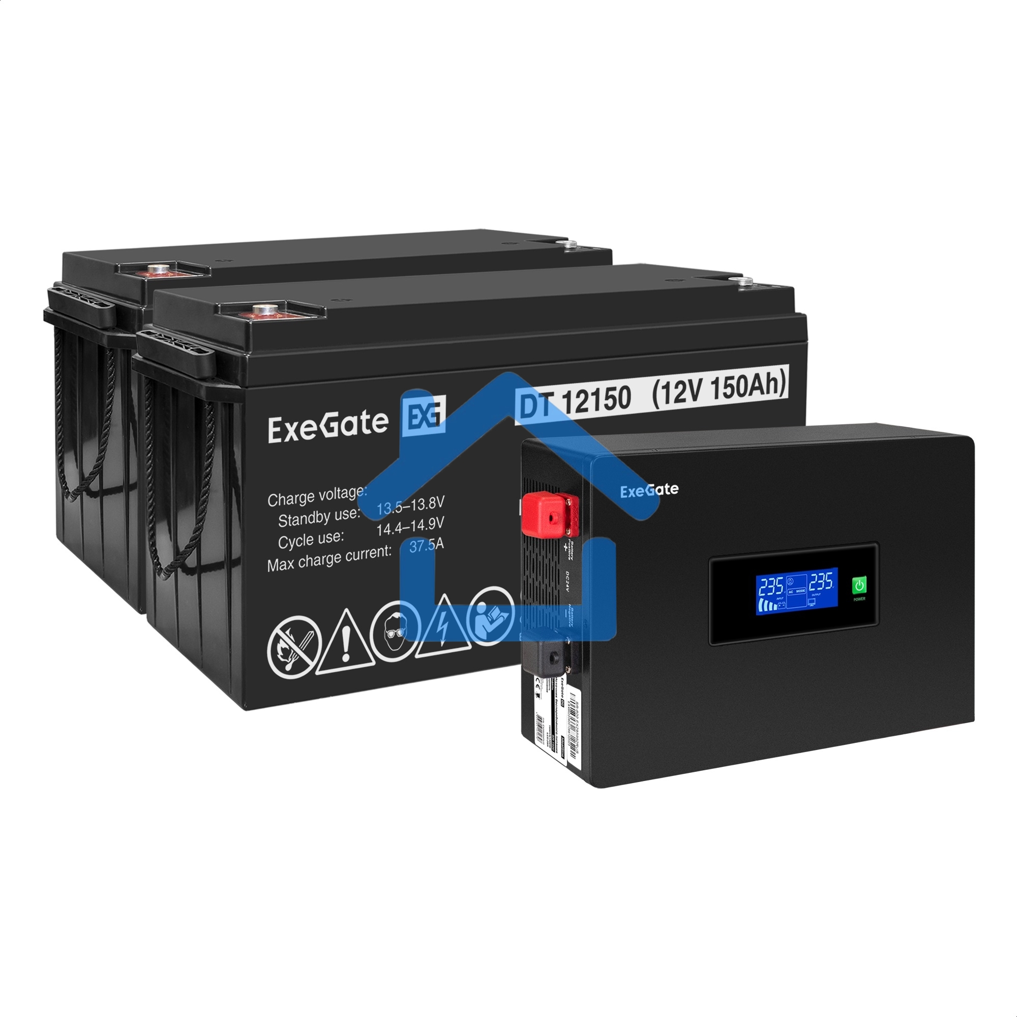 Комплект ИБП EX295994RUS + батарея 150Aч EX282990RUS 2шт (инвертор, синус, для котла, PF=1, настенный) ExeGate IdealSine SR-1500.LCD.2SH  1500VA/1500W, чистая синусоида, цветной LCD-дисплей, 2*Schuko, крепление настенное, Black + батарея ExeGate DT 12150 