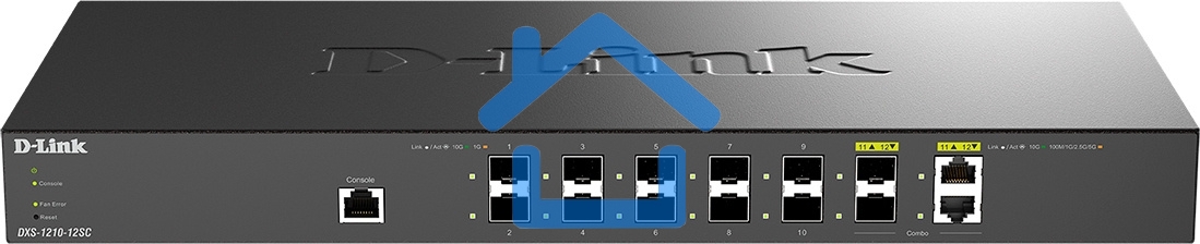 Настраиваемый L2+ коммутатор D-Link DXS-1210-12SC/B1A PROJ с 10 портами 10Gbase-X SFP+ и 2 комбо?портами 10Gbase-T/SFP+