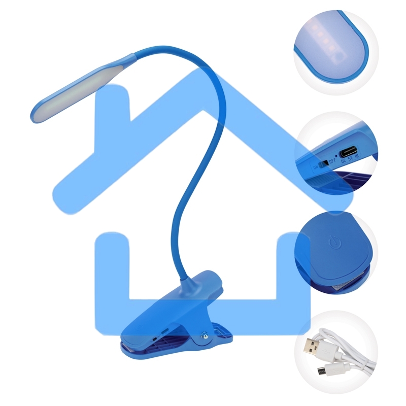 Светильник настольный Click 4Вт, LED, 4000К, диммируемый 3 ступени, заряжаемый, на прищепке, синий Rexant