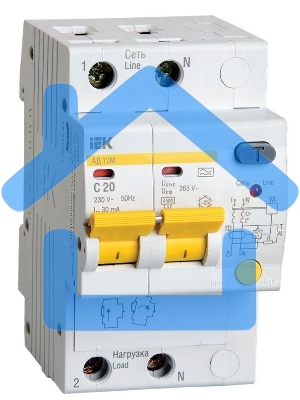 Выключатель автоматический дифференциального тока 2п C 20А 30мА тип A 4.5кА АД-12М ИЭК MAD12-2-020-C-030
