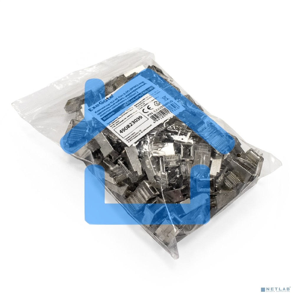 Коннектор ExeGate PL45-C5-8P8C-SH-100 RJ-45 Кат.5e (8P8C) под одножильный кабель, экранированный, золотое напыление (100шт)