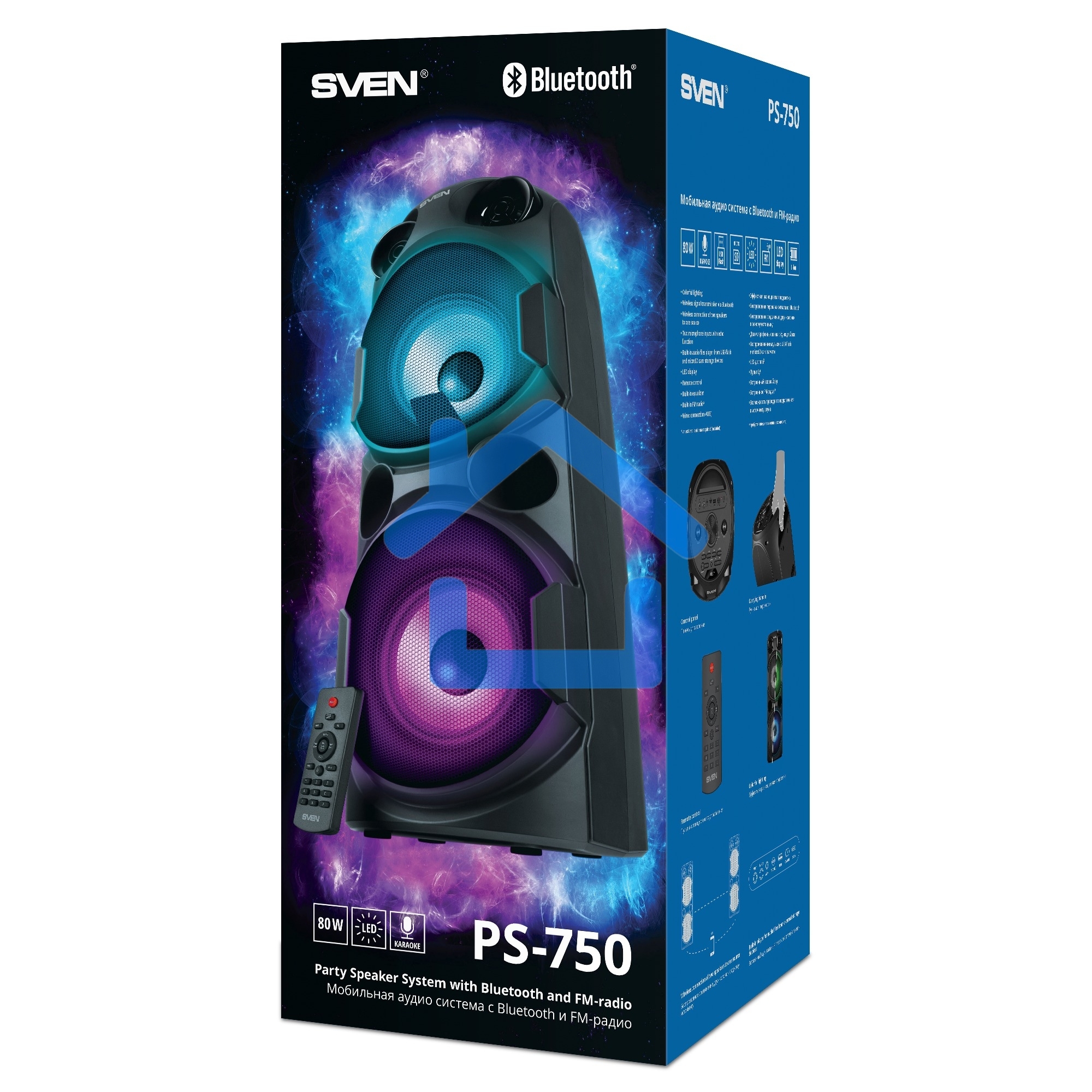 Колонка АС Sven PS-750, черный (80 Вт, TWS, Bluetooth, FM, USB, microSD, LED-дисплей, 2х4400мА*ч)