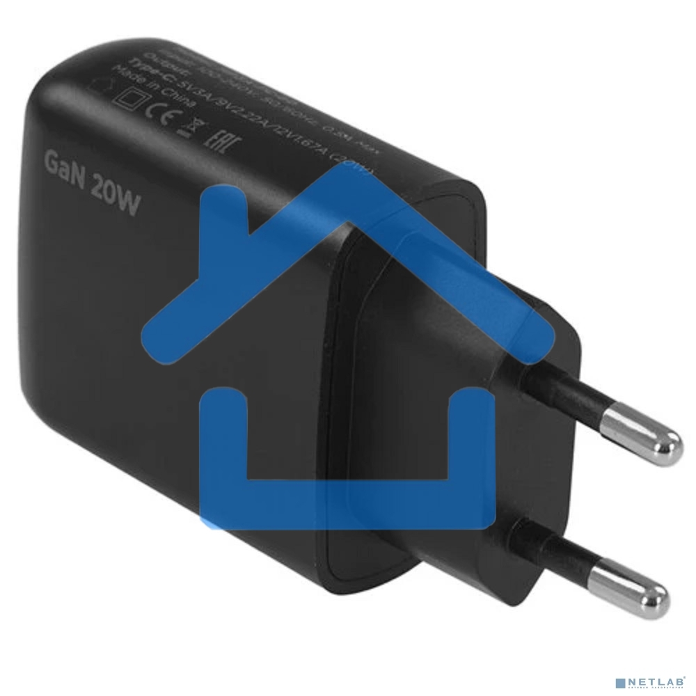Зарядное устройство Cablexpert MP3A-PC-60 20Вт GaN, 3А, QC4.0/PD, 1xType-C, черный, пакет