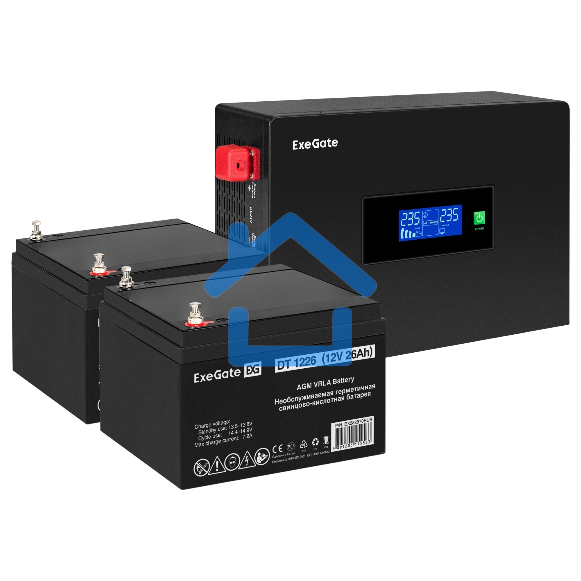 Комплект Источник бесперебойного питания EX295994RUS + батарея 26Aч EX282970RUS 2шт (инвертор, синус, для котла, PF=1, настенный) ExeGate IdealSine SR-1500.LCD.2SH  1500VA/1500W, чистая синусоида, цветной LCD-дисплей, 2*Schuko, крепление настенное, черный