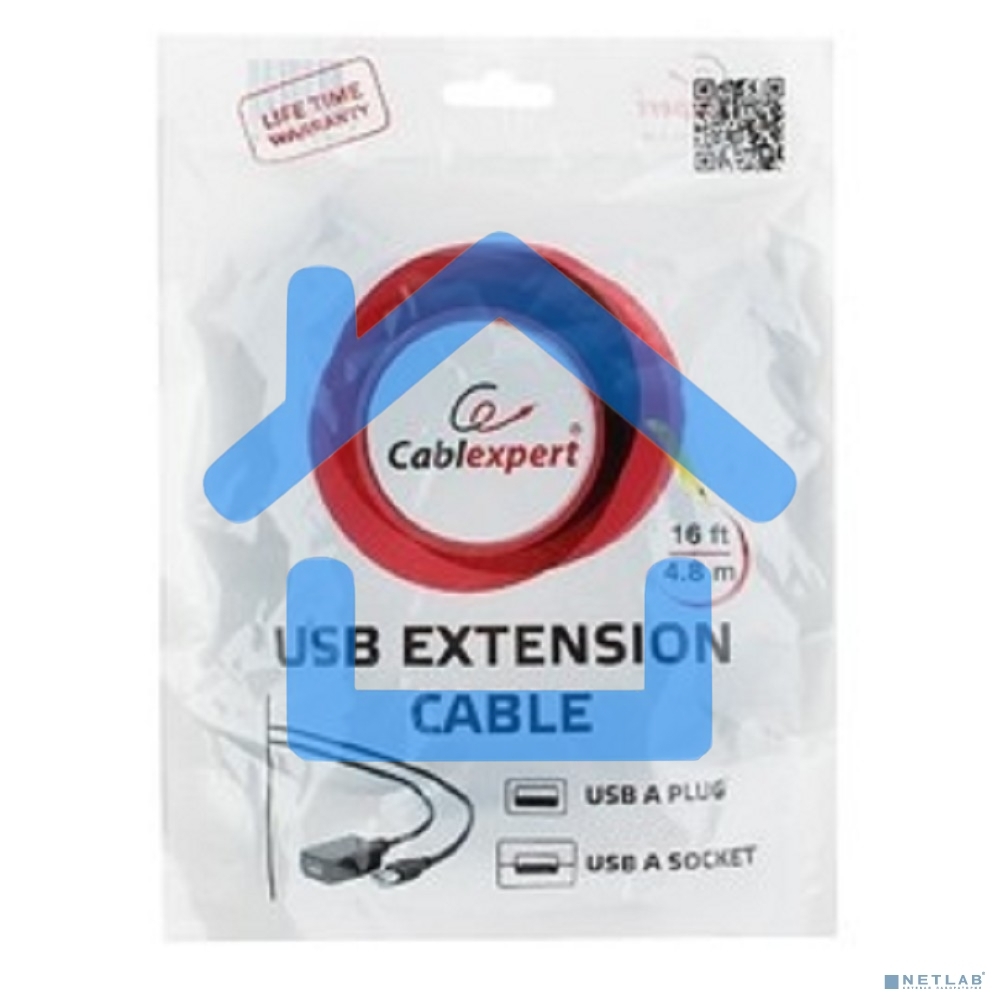 Кабель Gembird UAE016 USB 2.0 кабель удлинительный, активный 4.8м AM/AF, черный