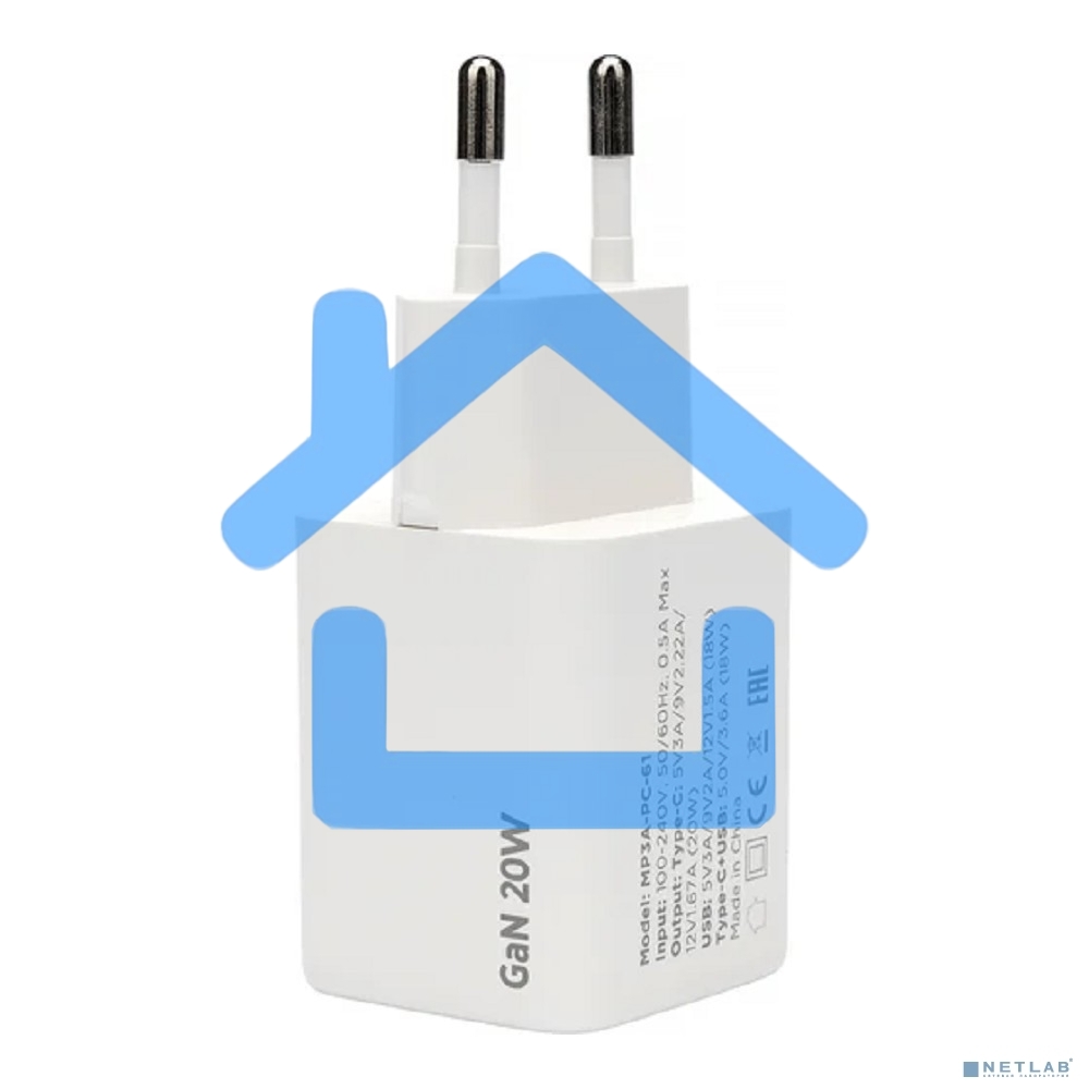 Зарядное устройство Cablexpert MP3A-PC-61, 20Вт GaN, 3А, QC4.0/PD, 1xUSB, 1xType-C, белый, пакет