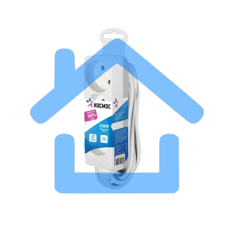 Удлинитель 3х3м без заземл. 16А IP20 ПВС 2х1 Космос YKsm3m-3g(K)