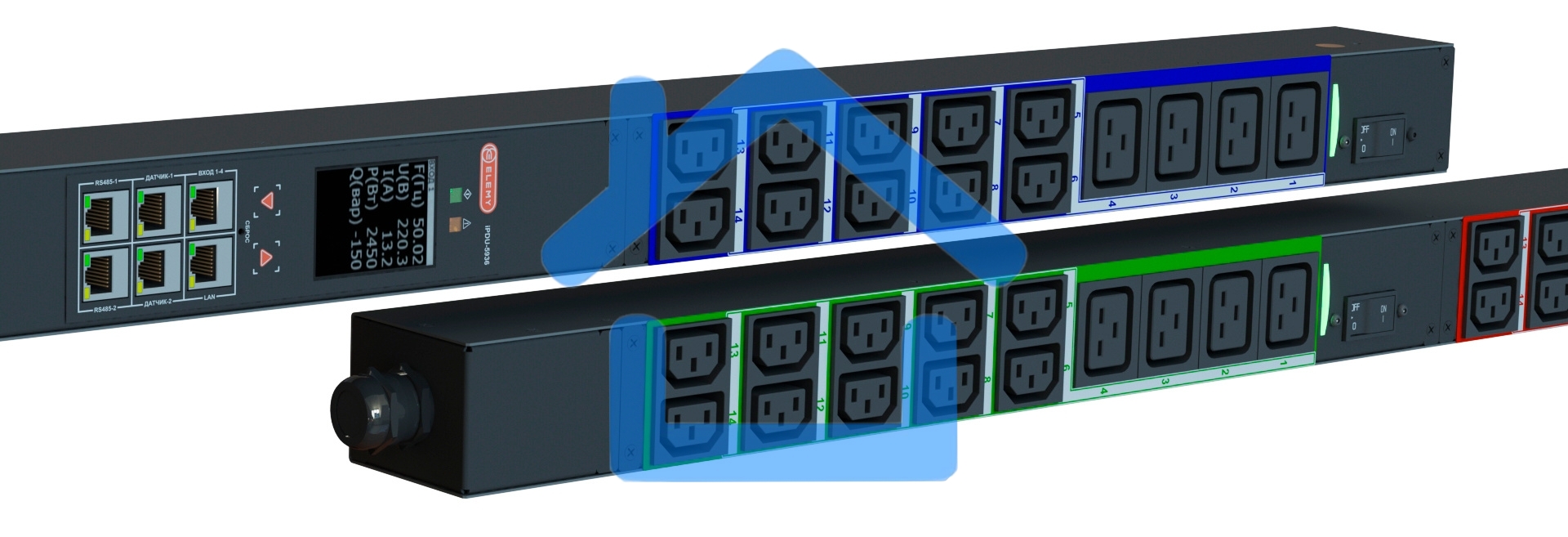 Блок распределения питания Elemy IPDU-5936 верт.размещ. 12xC19 30xC13 с мониторингом 3x16A IEC 60309 2.4м