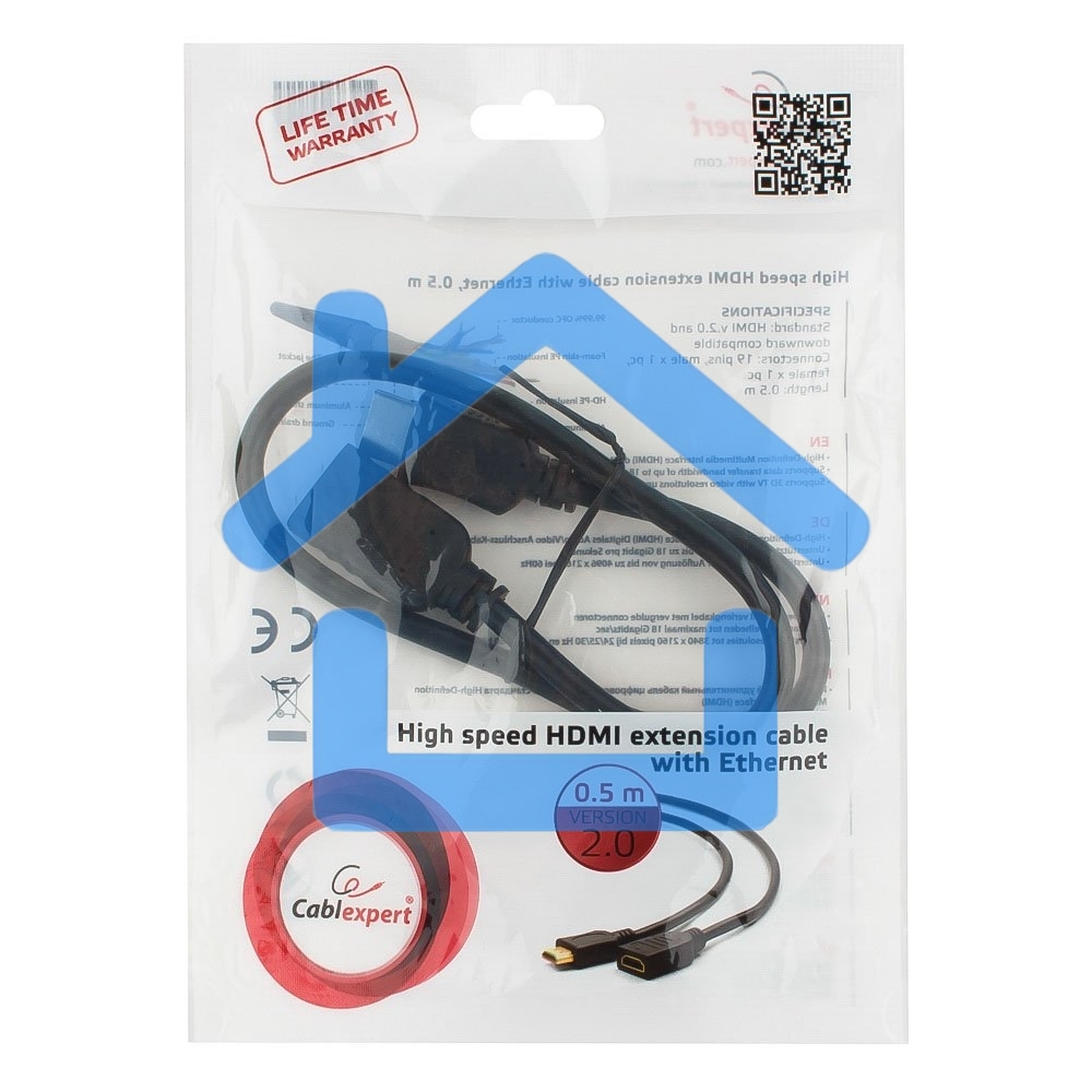Кабель-удлинитель HDMI Cablexpert CC-HDMI4X-0.5M, 19M/19F, v2.0, позол.разъемы, экран, 0.5м, черный, пакет