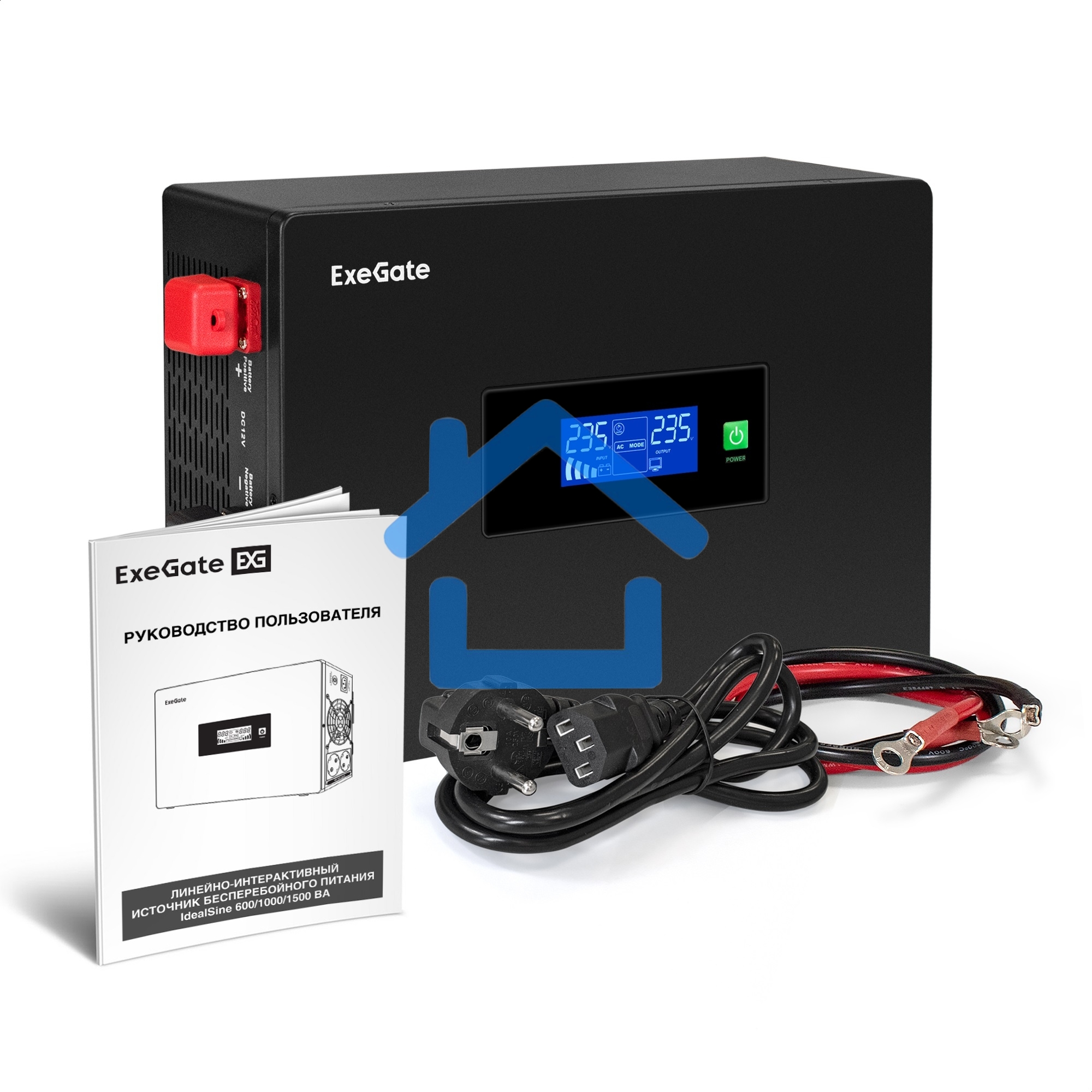 Комплект Источник бесперебойного питания EX295994RUS + батарея 26Aч EX282970RUS 2шт (инвертор, синус, для котла, PF=1, настенный) ExeGate IdealSine SR-1500.LCD.2SH  1500VA/1500W, чистая синусоида, цветной LCD-дисплей, 2*Schuko, крепление настенное, черный