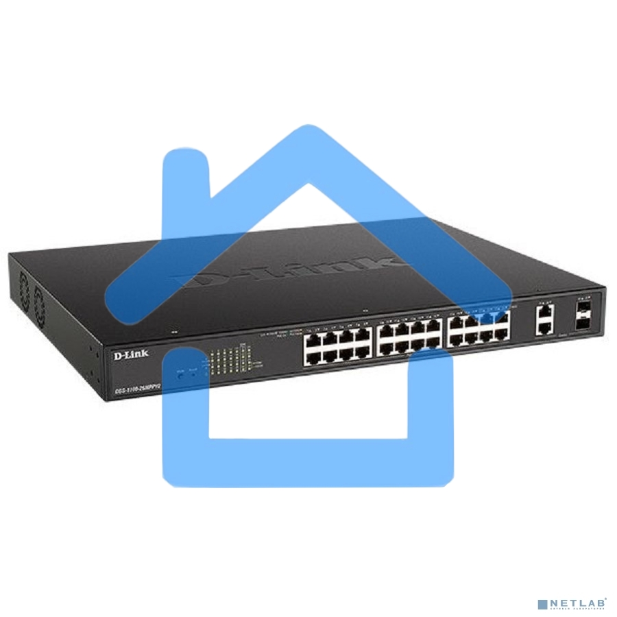 Настраиваемый L2 коммутатор D-Link DGS-1100-26MPPV2/A3A с 24 портами 10/100/1000Base-T и 2 комбо-портами 1000Base-T/SFP (порты 1-24 PoE 802.3af/at, порты 21-24 PoE 802.3bt, PoE-бюджет 525 Вт)