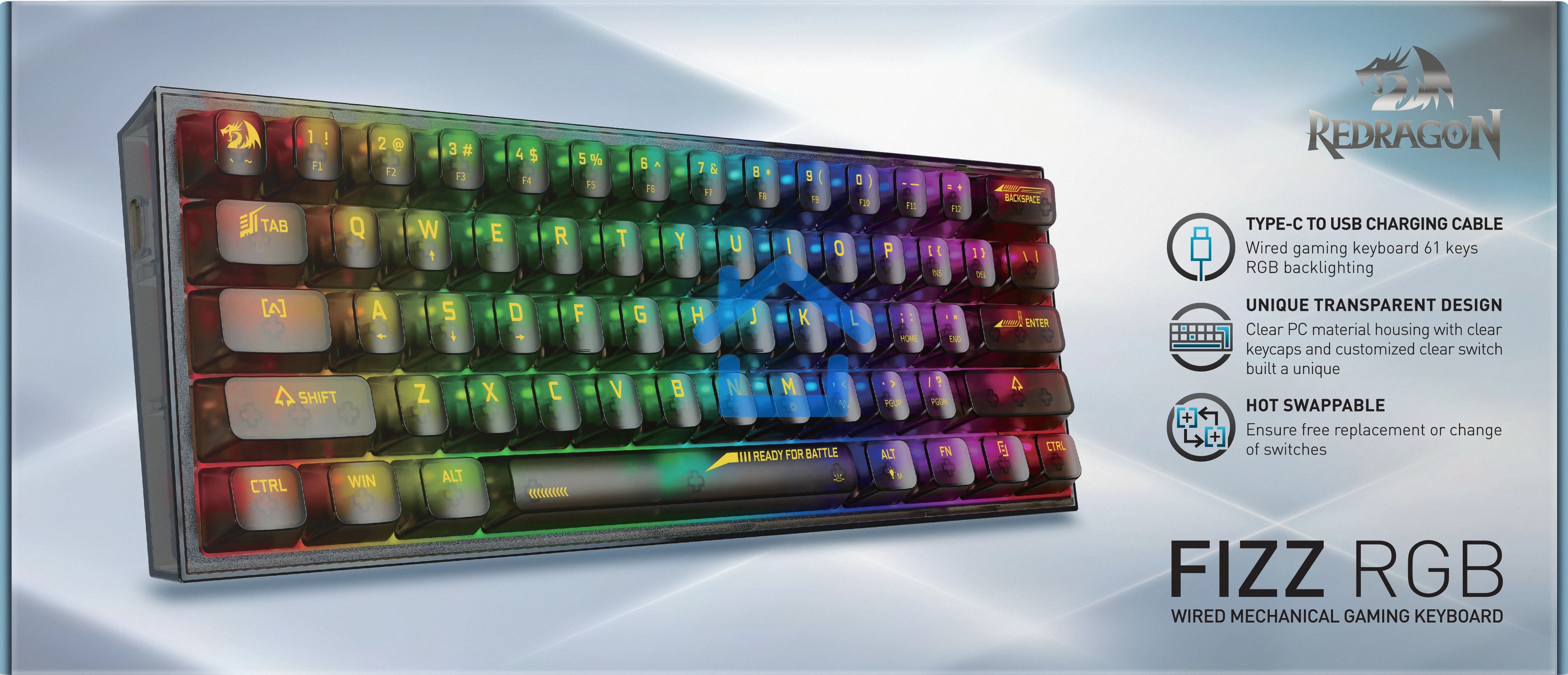 Игровая клавиатура Redragon Fizz прозрачно-черная (USB, +ICE, 61 кл., RGB подсветка)