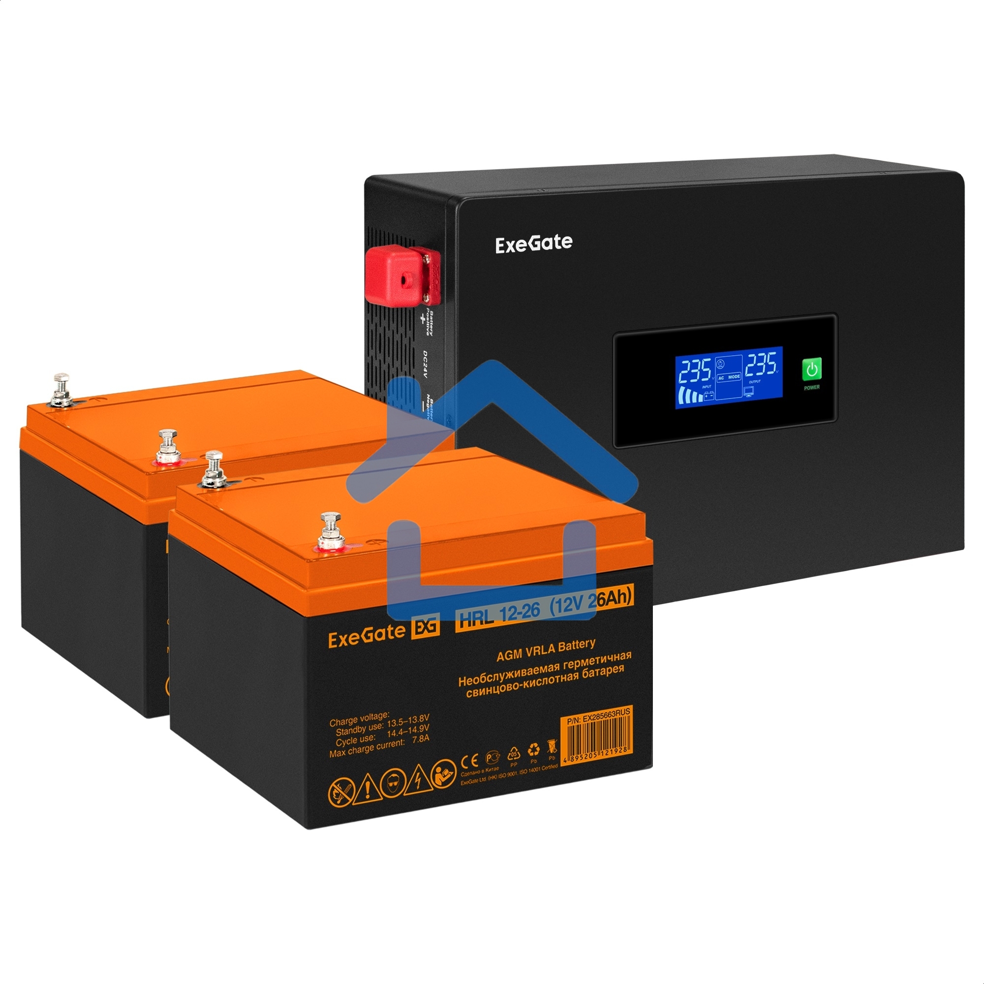 Комплект Источник бесперебойного питания EX295994RUS + батарея 26Aч EX285663RUS 2шт (инвертор, синус, для котла, PF=1, настенный) ExeGate IdealSine SR-1500.LCD.2SH  1500VA/1500W, чистая синусоида, цветной LCD-дисплей, 2*Schuko, крепление настенное, черный