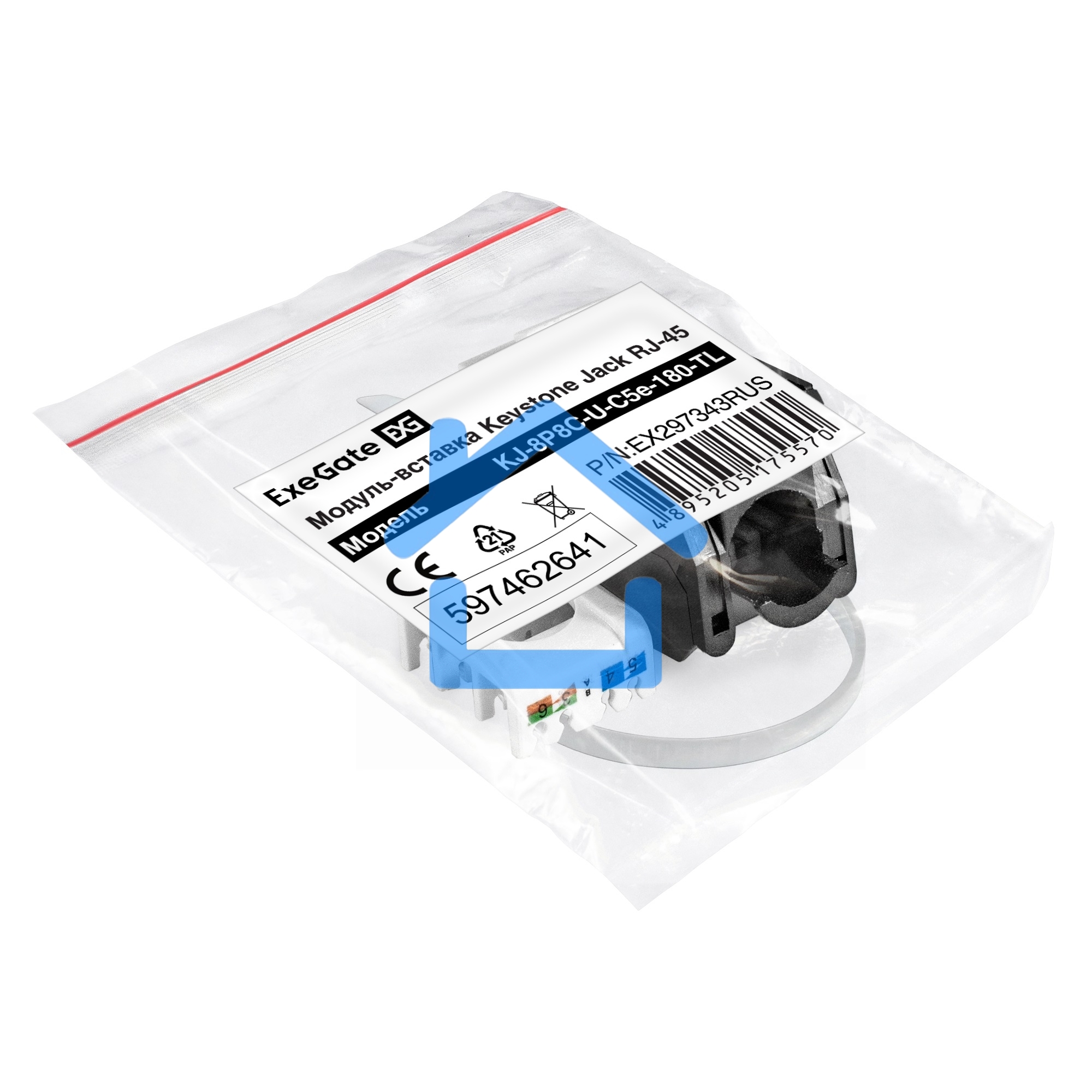 Модуль-вставка Keystone Jack RJ-45 ExeGate KJ-8P8C-U-C5e-180-TL (Кат.5e, неэкранированная, 180 градусов, IDC Toolless (без инструмента))