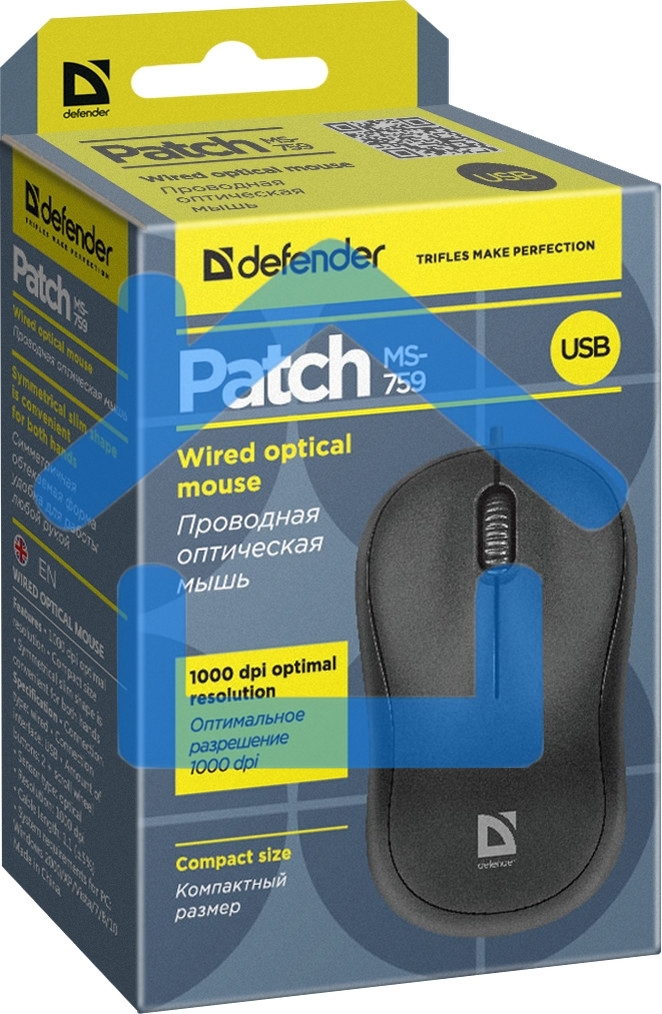 Мышь проводная Defender Patch MS-759 черный, 1000 dpi, USB, кнопки - 3